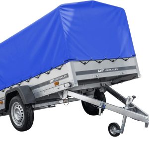 UNITRAILER Autoaanhanger 230 x 125 cm, Gartenanhänger 230, kippbar, 750 kg, mit Neuswiel, blauer Plane und Hochpfeil